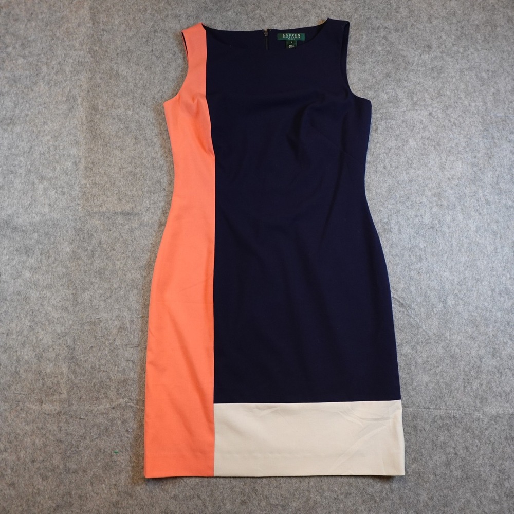 Ralph Lauren Dress Women 4 Navy Blue Colorblock Sleeveless Sheath‎ Office Career